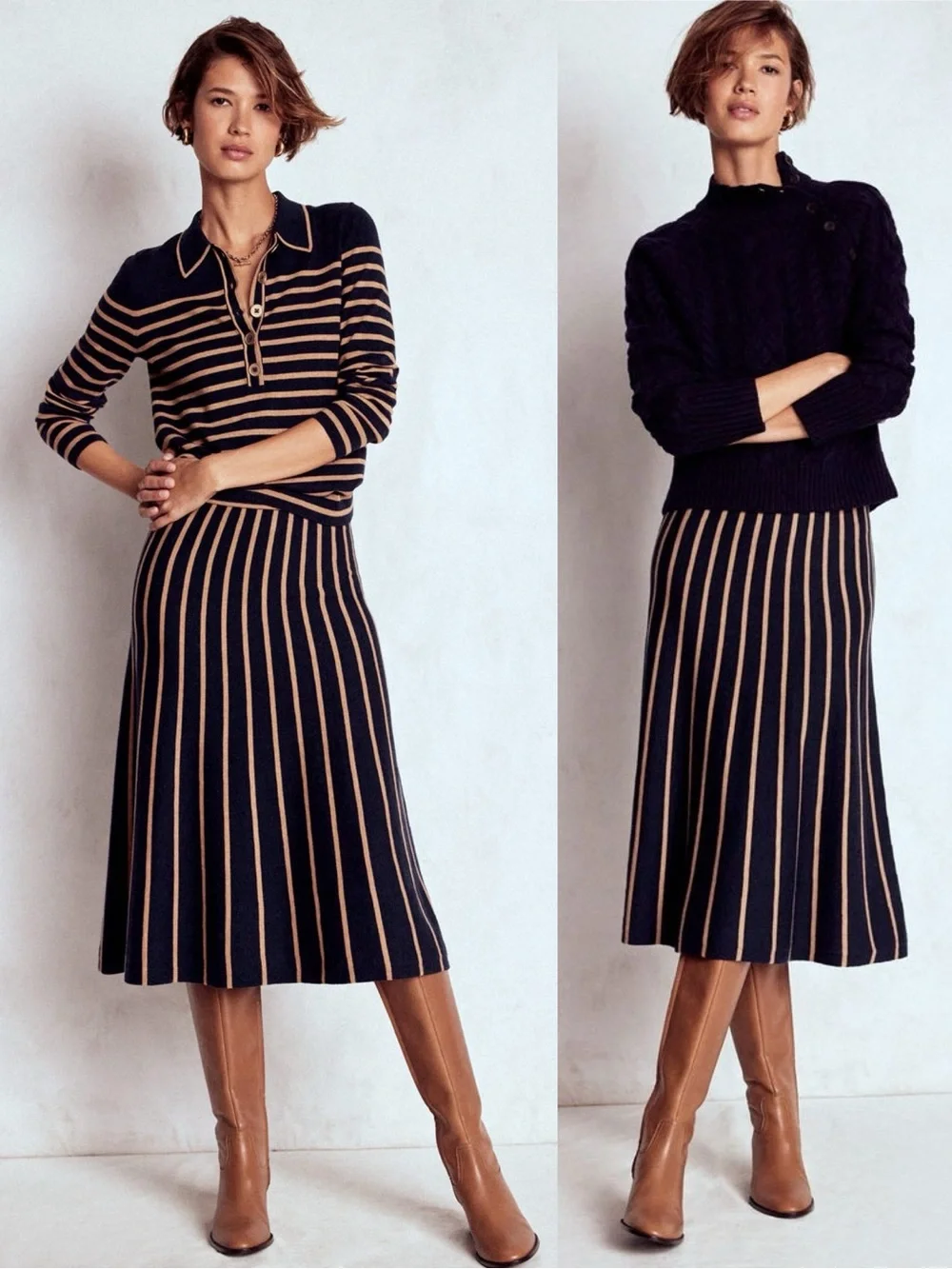 Boden Liz Knitted Midi Skirt Navy Camel Stripe Cotton Wool Size 8